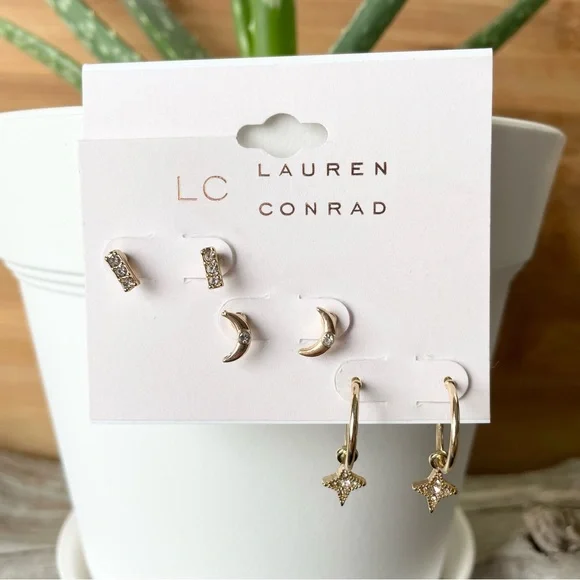 NWT LC LAUREN CONRAD Moon stud star hoop stud earrings, three pairs included - Picture 4 of 10